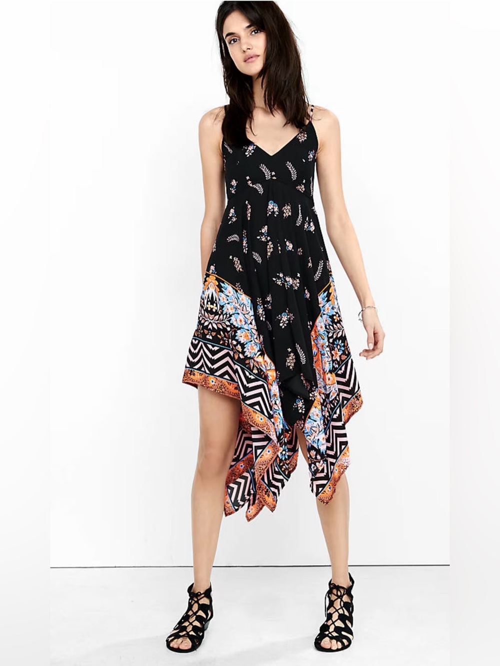 Express Black Floral Garden Fairy Dress Sz Small Asymmetrical Handkerchief Hem
